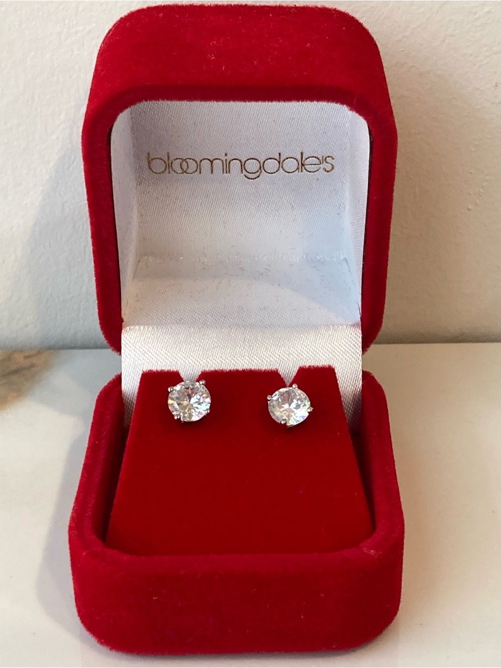 Bloomingdale's Large Cubic Zirconia Stud Earrings in Red Velvet Box NWT